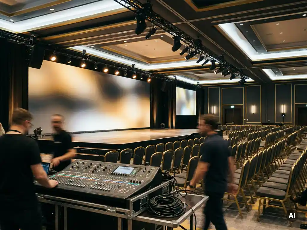 Professionelle Eventbühne mit Amber-Scheinwerfern und Leinwand in einem Konferenzsaal mit eleganten Stuhlreihen und Mischpult im Vordergrund.