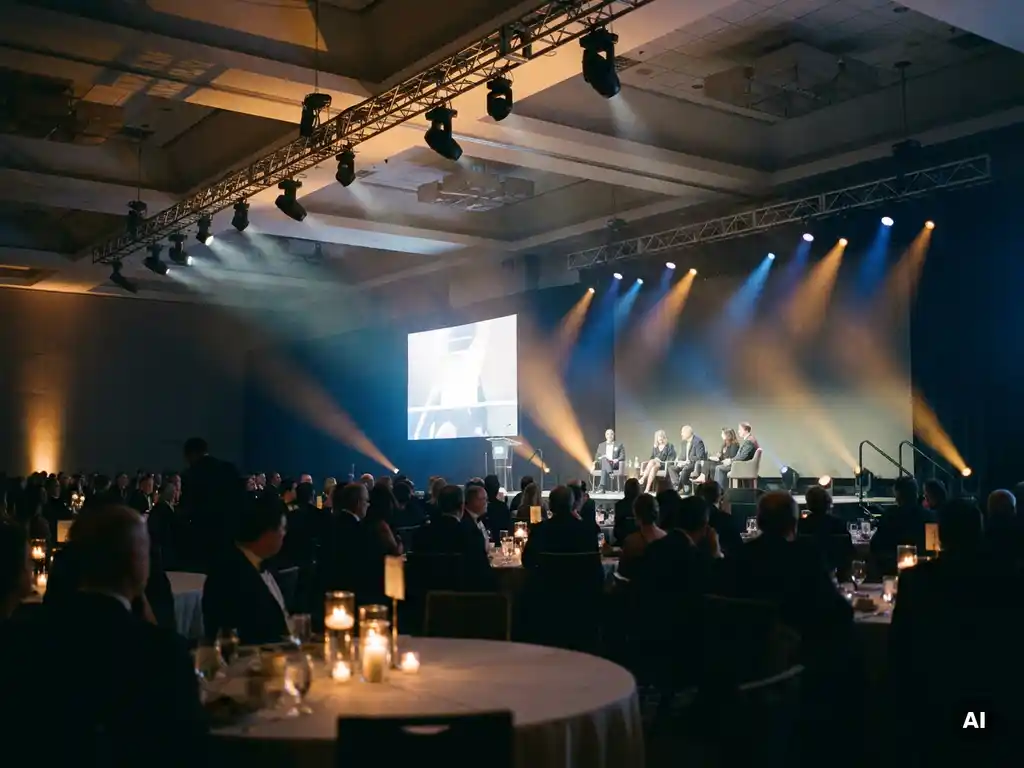 Festlicher Unternehmensabend in verdunkeltem Konferenzsaal mit blau-goldenem Bühnenlicht und eleganten Tischen mit Kerzenbeleuchtung.