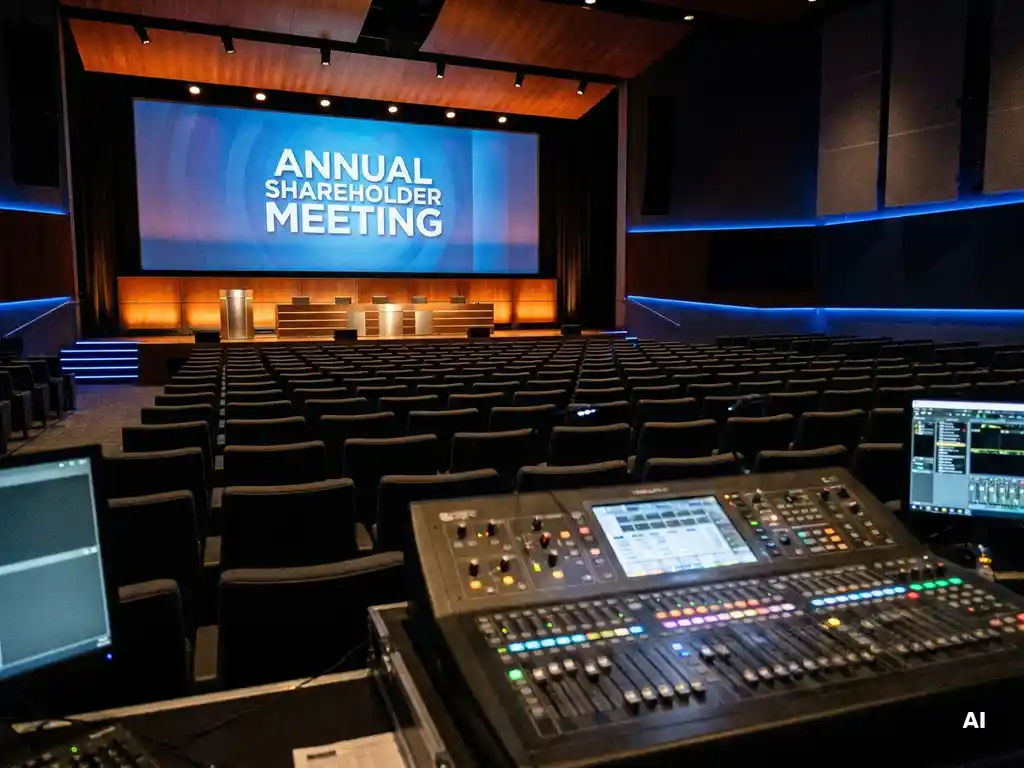 Leerer Unternehmensauditorium mit Konferenzsitzen, Audiopult im Vordergrund und beleuchtetem Projektionsscreen bei Aktionärsversammlung.