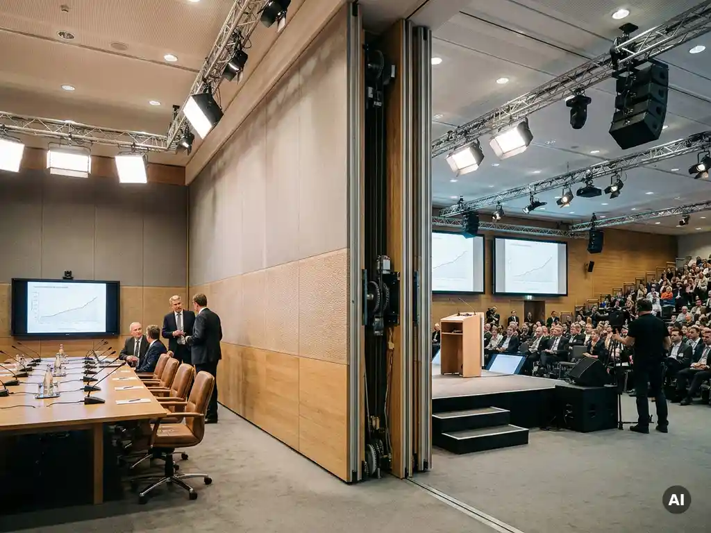 Motorisierte Akustiktrennwand teilt Konferenzsaal in Boardroom und Kongressbereich mit professioneller AV-Technik.