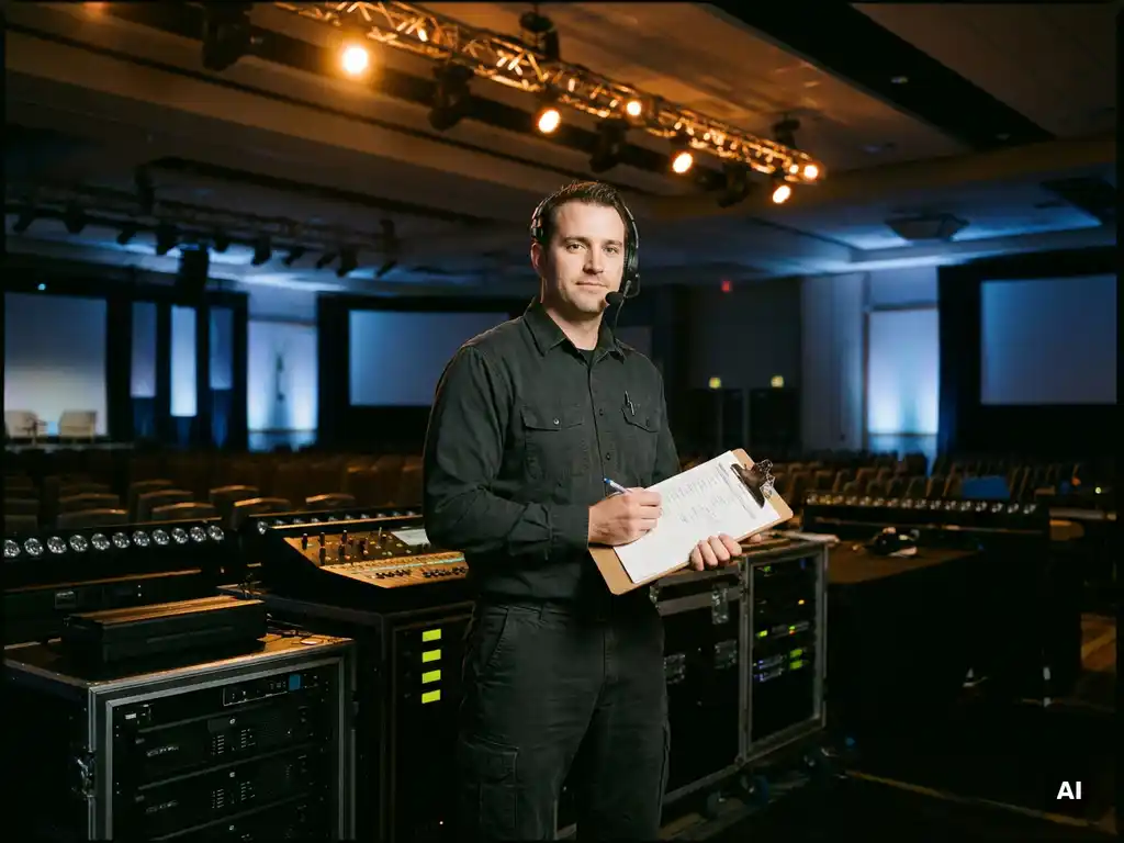 AV-Techniker prüft Veranstaltungs-Checkliste auf Klemmbrett, umgeben von Audio- und Lichtequipment in gedimmter Konferenzhalle.