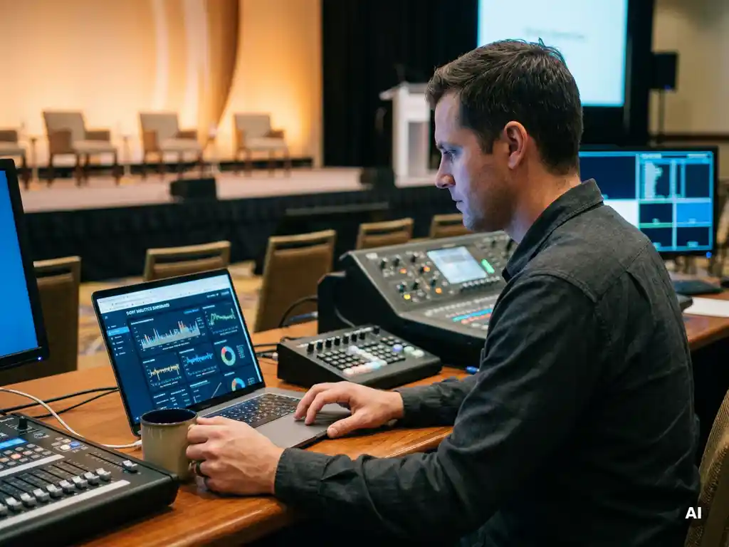 AV-Techniker analysiert Veranstaltungsanalysen auf Laptop an Produktionspult, Mischpulte und beleuchtete Konferenzbühne im Hintergrund.