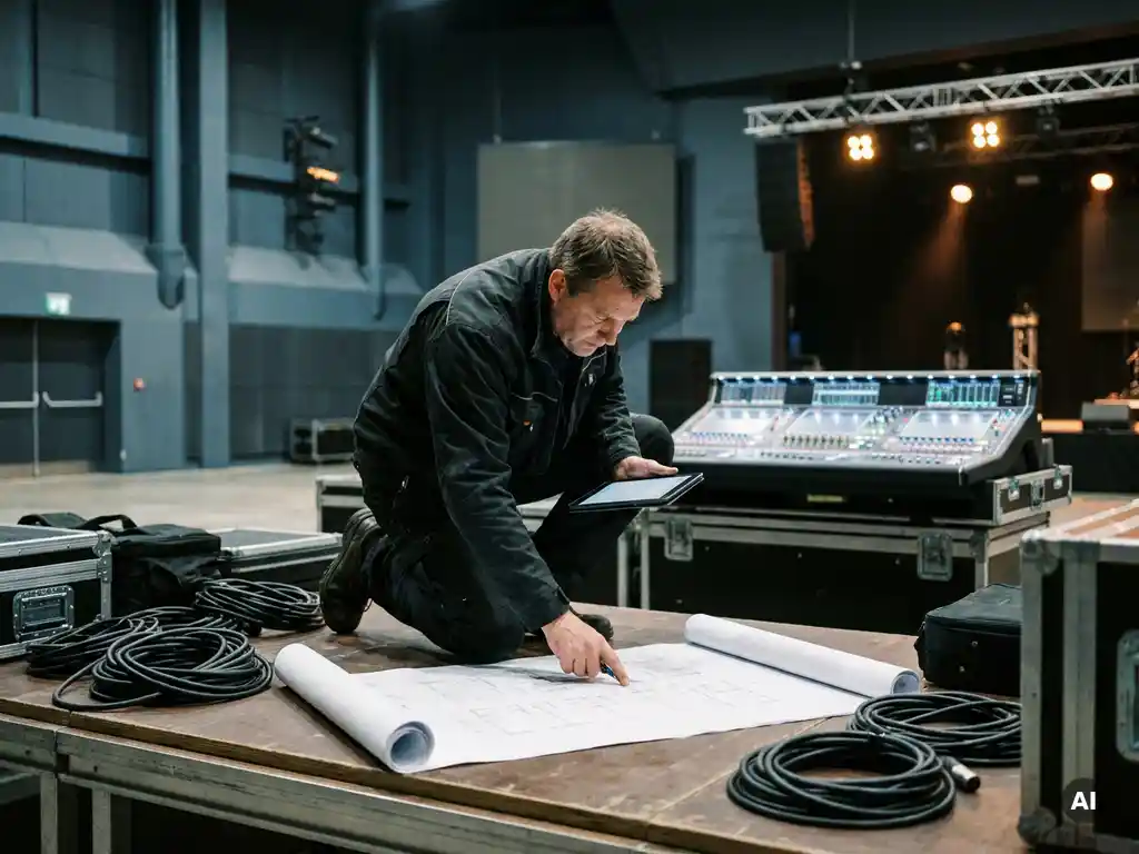AV-Techniker prüft Veranstaltungs-Grundriss auf einer Bühne, umgeben von Audiokabeln, Mischpult und Bühnenscheinwerfern.