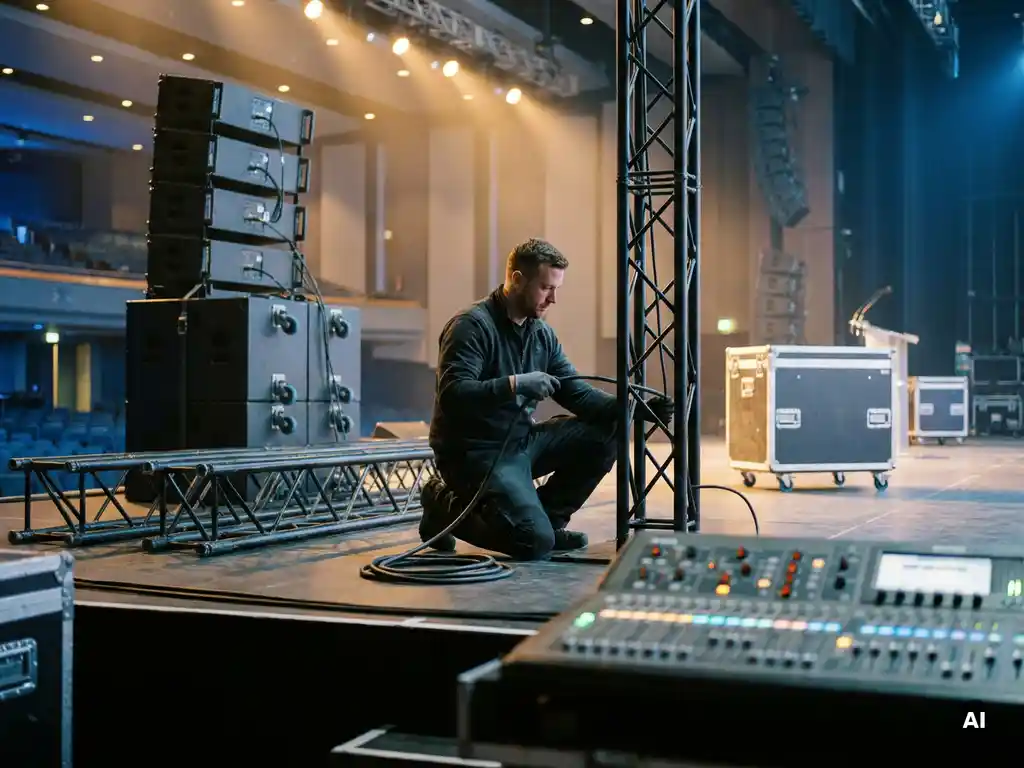 AV-Techniker verlegt schwarze Kabel auf einer Konferenzbühne mit Truss-Strukturen, Lautsprechern und Mischpult im Vordergrund.