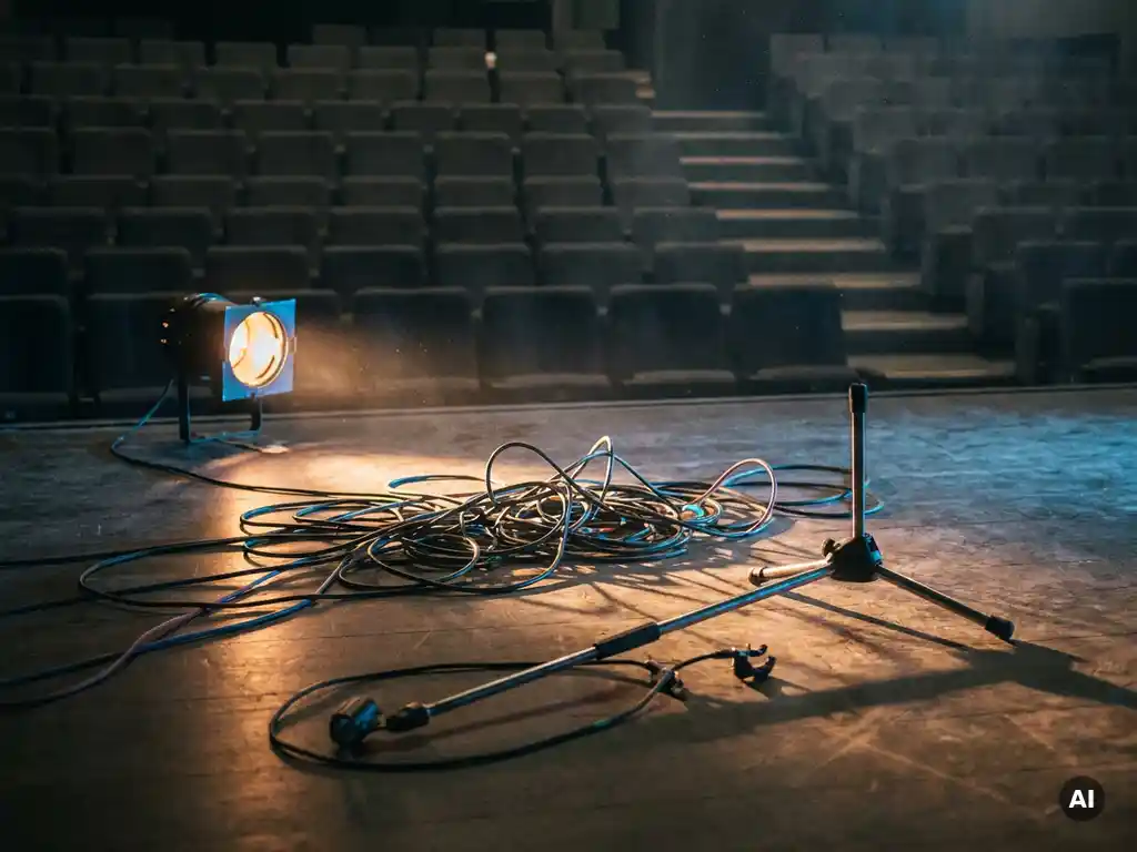 Umgefallenes Mikrofonständer und verwirrte Audiokabel auf einer dunklen Konferenzbühne mit flackerndem Scheinwerfer und leeren Zuschauerrängen.