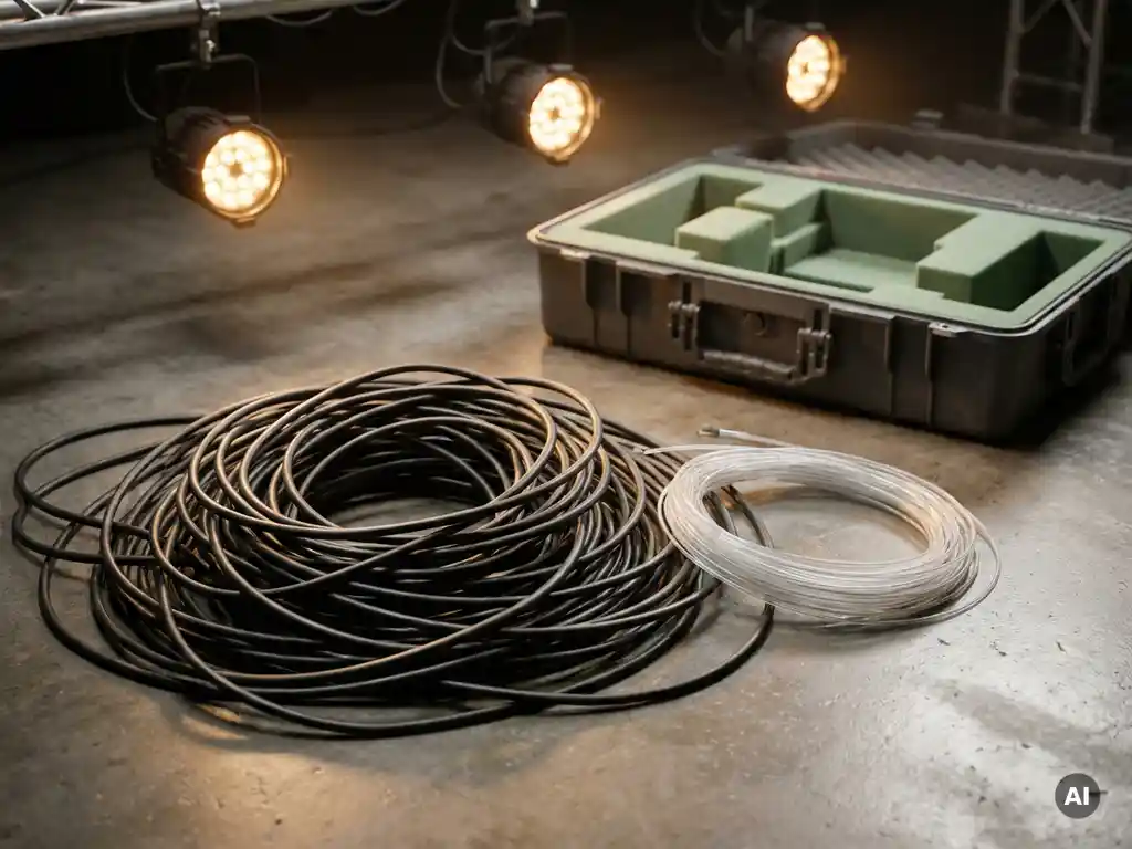 Dickes schwarzes Stromkabel wird auf einer Betonbühne durch ein schlankes Glasfaserbündel ersetzt, energiesparende LED-Bühnenlichter im Hintergrund.