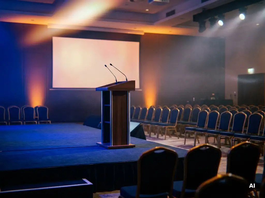 Leere Konferenzbühne mit Rednerpult, Projektionsleinwand und warmem Amber- und Blaubühenlicht in elegantem Navy-Gold-Ambiente.