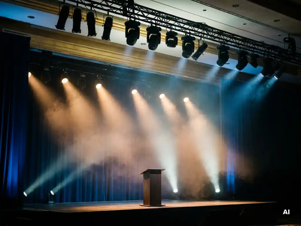 Leere Konferenzbühne mit elegantem Rednerpult, Bühnennebel in warmen Bernstein- und kühlen Blaustrahlen, professionelles Rigging-Truss mit Moving-Head-Scheinwerfern.