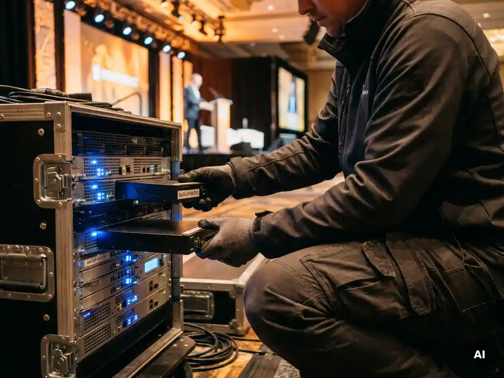Veranstaltungstechniker tauscht backstage einen Backup-Signal-Router im offenen Equipment-Rack aus, Konferenzbühne mit warmem Licht im Hintergrund.