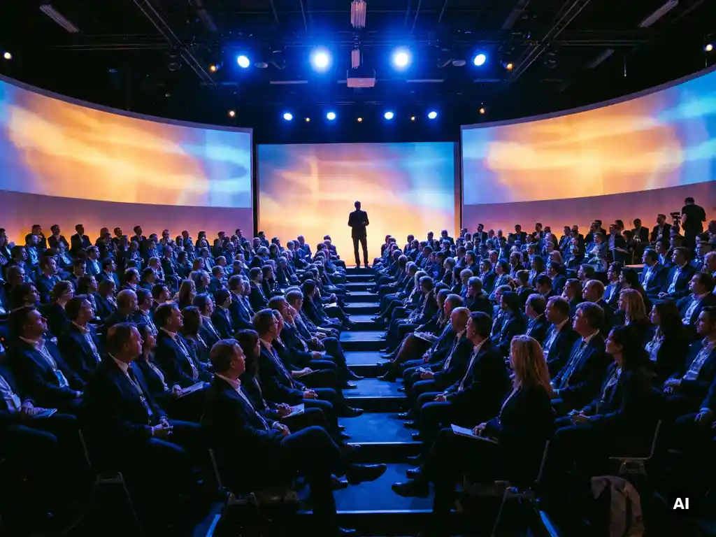 Einzelner Redner auf beleuchtetem Konferenzbühne vor großem Publikum, Projektionsflächen in Bernstein- und Blautönen, professionelle Unternehmensveranstaltung.
