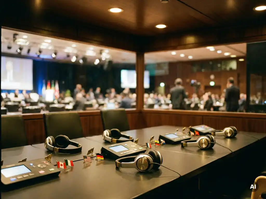 Professionelle Dolmetscherkabine mit Headsets, Nationalflaggen-Pins und Übersetzungsgeräten auf Konferenztisch, internationaler Saal im Hintergrund.