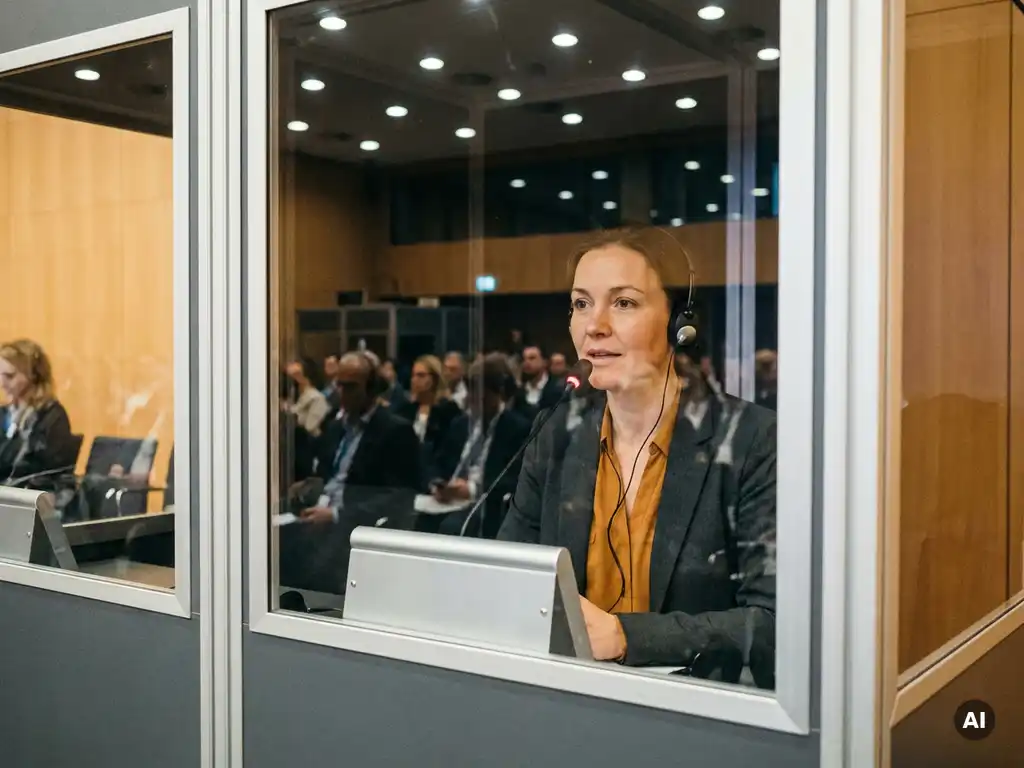 Professioneller Dolmetscher mit Headset in schalldichter Kabine, im Hintergrund ein internationaler Konferenzsaal mit Delegierten.