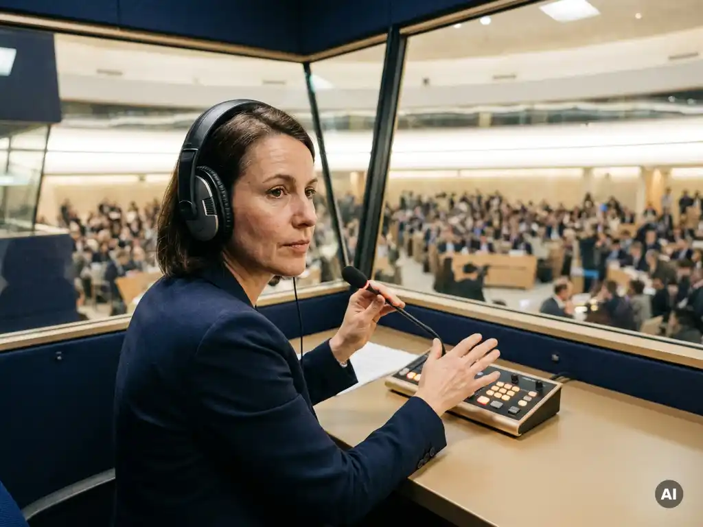 Dolmetscherin in schalldichter Kabine mit Kopfhörern, Blick auf internationalen Konferenzsaal mit Delegierten, warmes Licht.