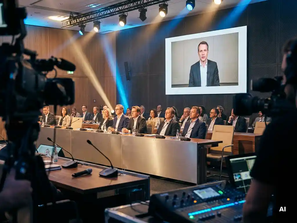 Hybride Konferenz mit Teilnehmern im Saal und Redner auf großem LED-Bildschirm, dramatische Bühnenbeleuchtung in Blau und Weiß.