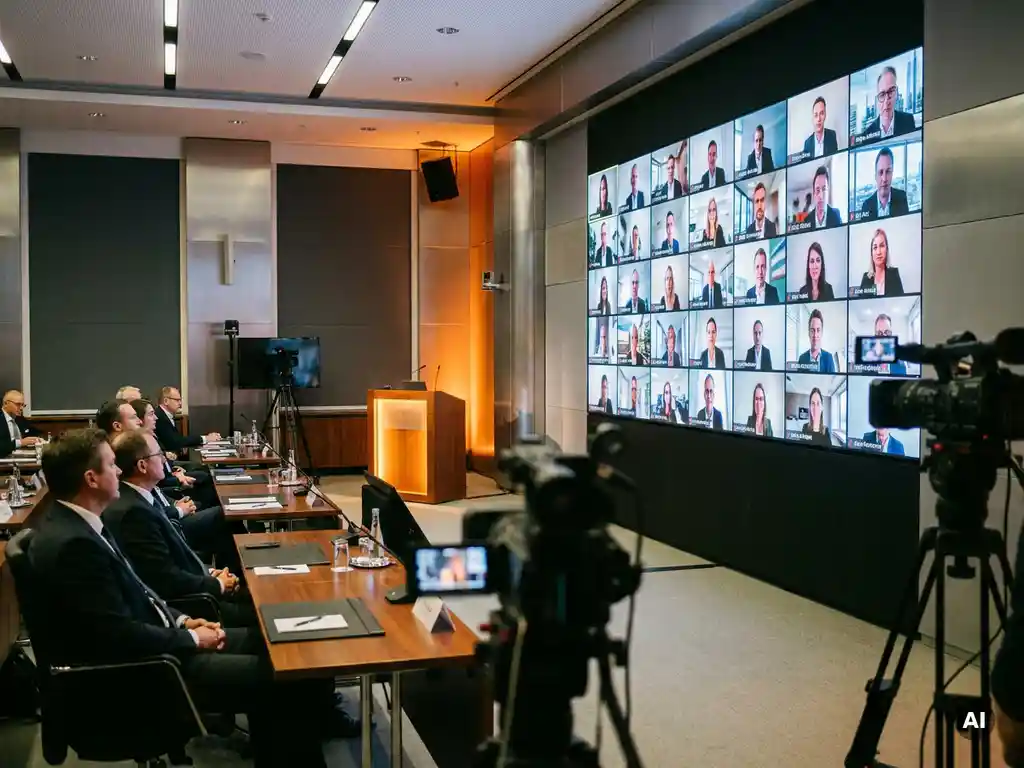 Konferenzraum mit Live-Publikum und LED-Videowand für Remote-Teilnehmer, schwarze AV-Kameras im Vordergrund, warmes Bühnenlicht.