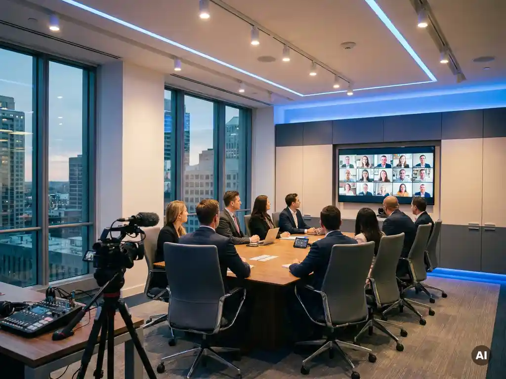 Hybrides Meeting im Konferenzraum mit Mitarbeitern vor Ort und Remote-Teilnehmern auf großem Bildschirm, Kamera und Audioequipment im Vordergrund.