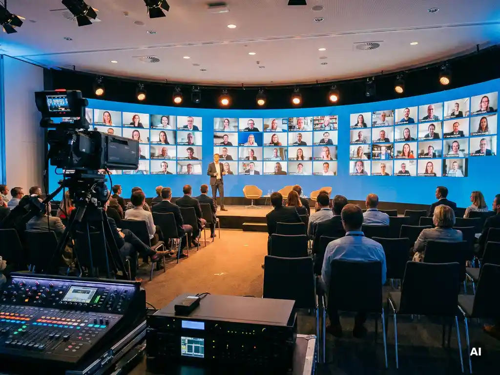 Hybride Konferenz mit Live-Publikum und Videowand für Remote-Teilnehmer, Kamera auf Stativ, Mischpult, warmes Bühnenlicht.