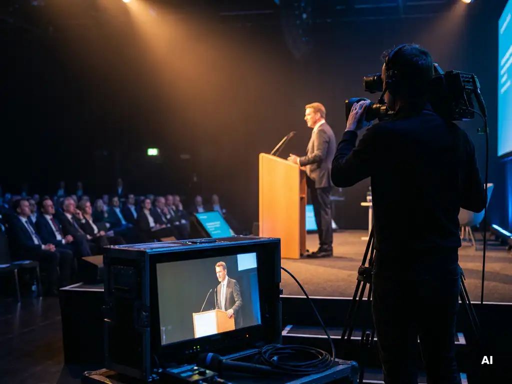 Kameramann filmt einen Redner am Podium bei einer Unternehmenskonferenz, Broadcast-Monitor im Vordergrund, dunkles Auditorium mit warmem Scheinwerferlicht.