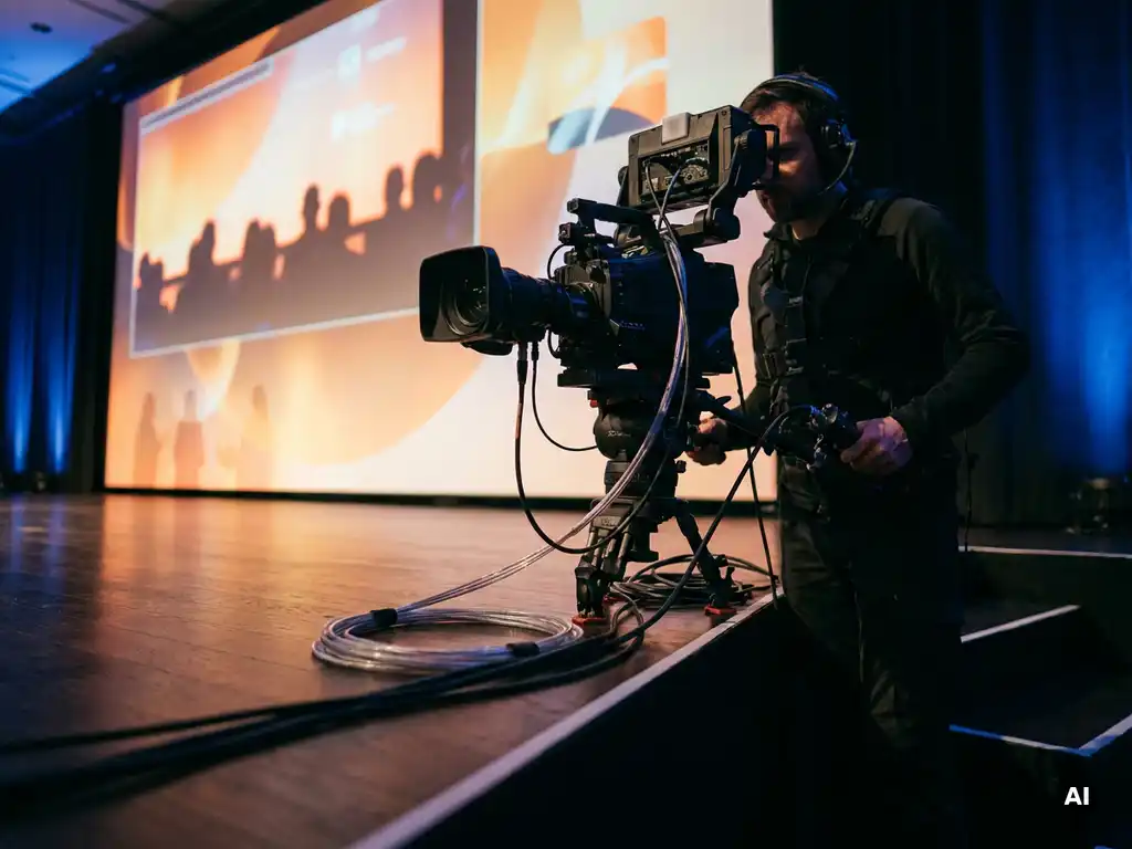 Kameramann mit Broadcast-Kamera bei Live-Firmenevent, Glasfaserkabel auf der Bühne, große Leinwand und Publikumssilhouetten im Hintergrund.