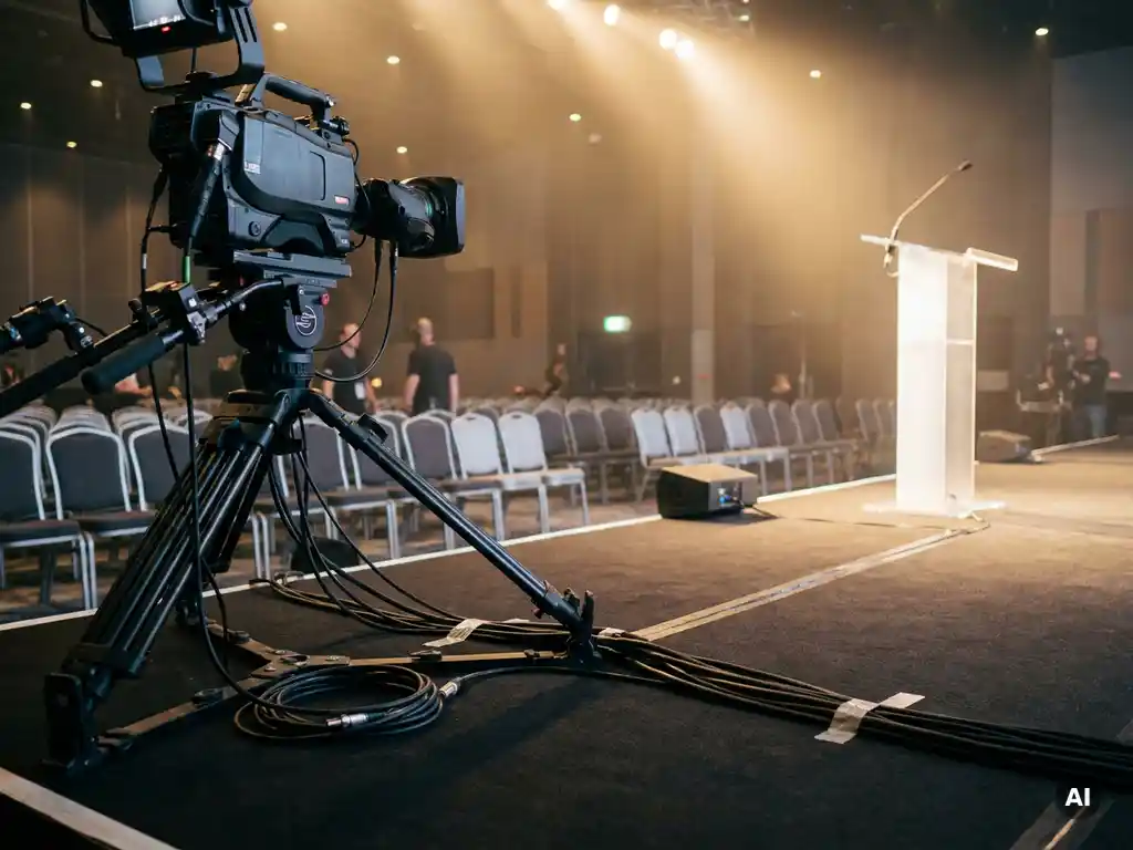 Professionelle Broadcast-Kamera auf Stativ vor beleuchtetem Rednerpult in großem Konferenzsaal mit Publikumsreihen im Hintergrund.
