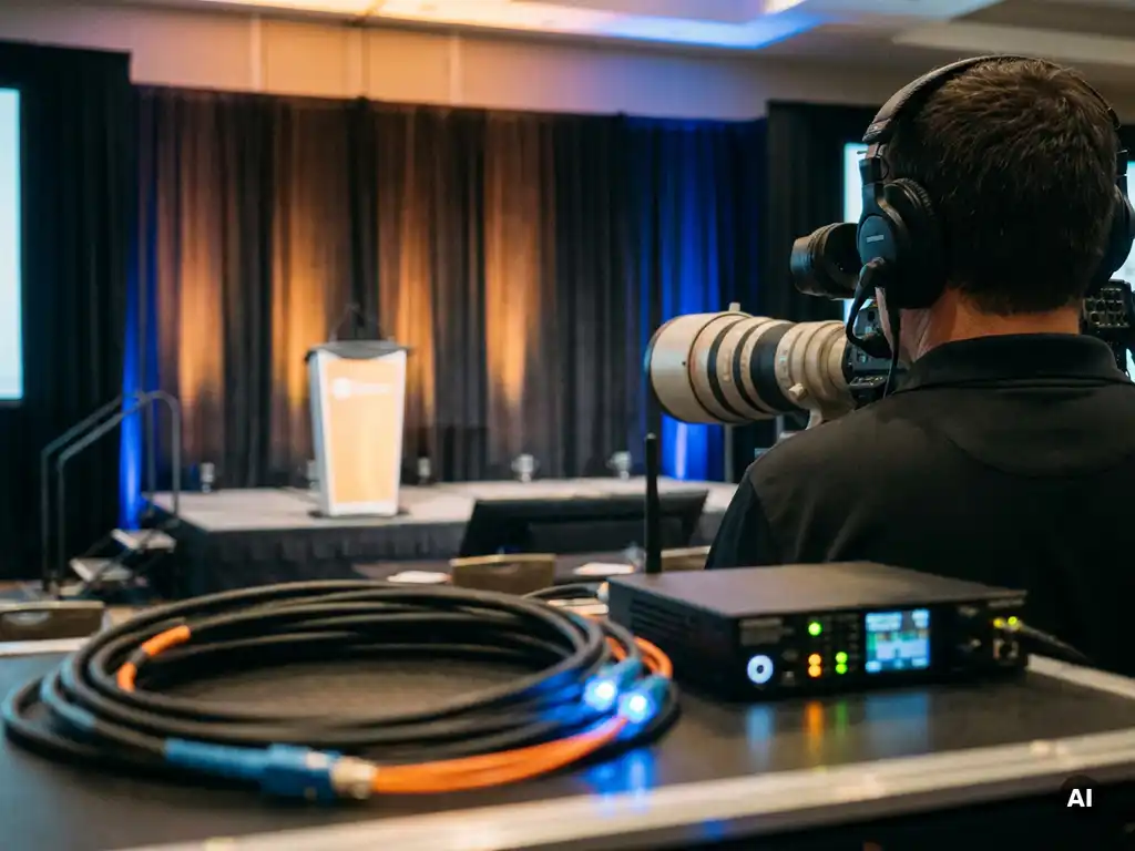 Kameramann filmt eine Konferenzbühne mit Broadcast-Kamera, Glasfaserkabel und Streaming-Encoder im Vordergrund, warmes Bühnenlicht auf Podium.