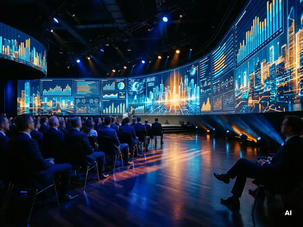 Geschwungene LED-Wand mit Unternehmenspräsentation in einem modernen Konferenzsaal, Publikum in Reihen, blaues und goldenes Bühnenlicht.