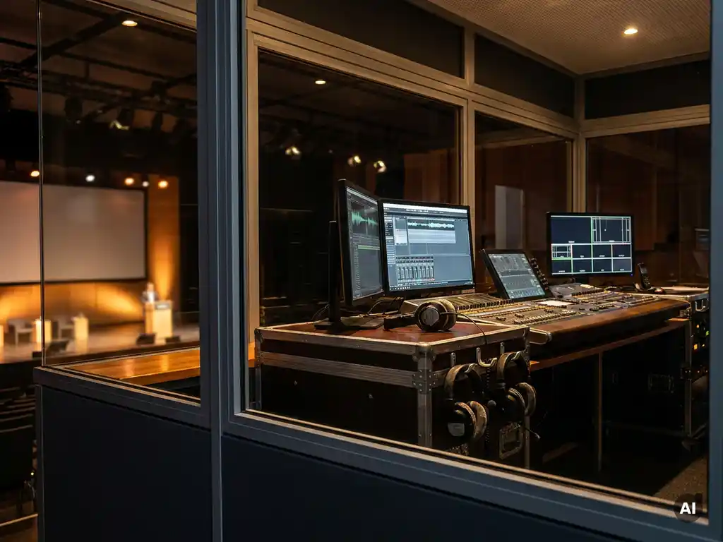 Veranstaltungstechnik-Regiepult mit Monitoren, Mischpult und Headsets in einem Produktionsbooth über einem Konferenzsaal mit warmem Bühnenlicht.