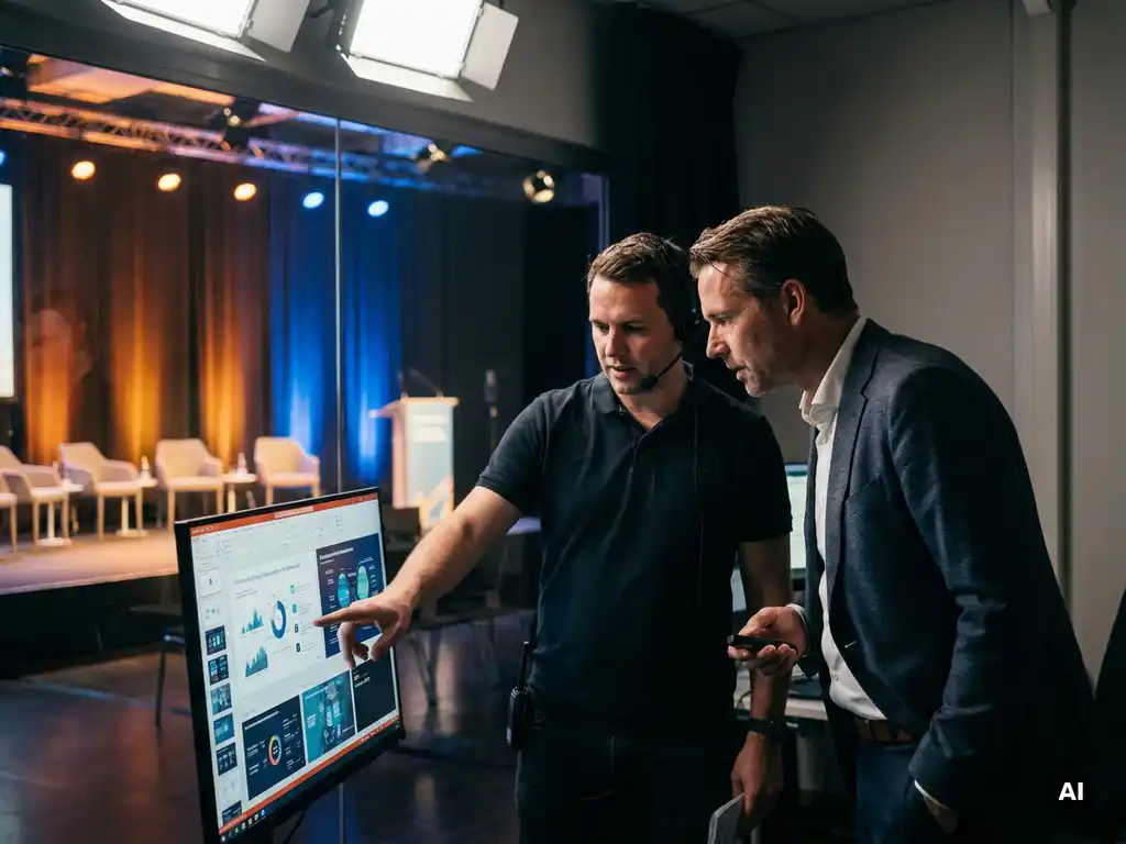 Konferenztechniker und Referent prüfen gemeinsam Präsentationsfolien auf einem großen Monitor backstage, Kongressbühne im Hintergrund.