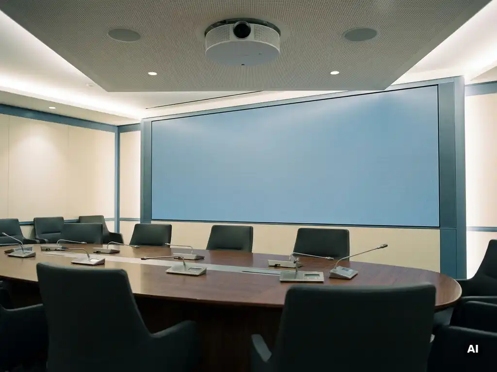 Moderner Konferenzraum mit großem Einbau-Display, Deckenprojector, versenkten Lautsprechern und Tischmikrofonen in Anthrazit und Stahlblau.