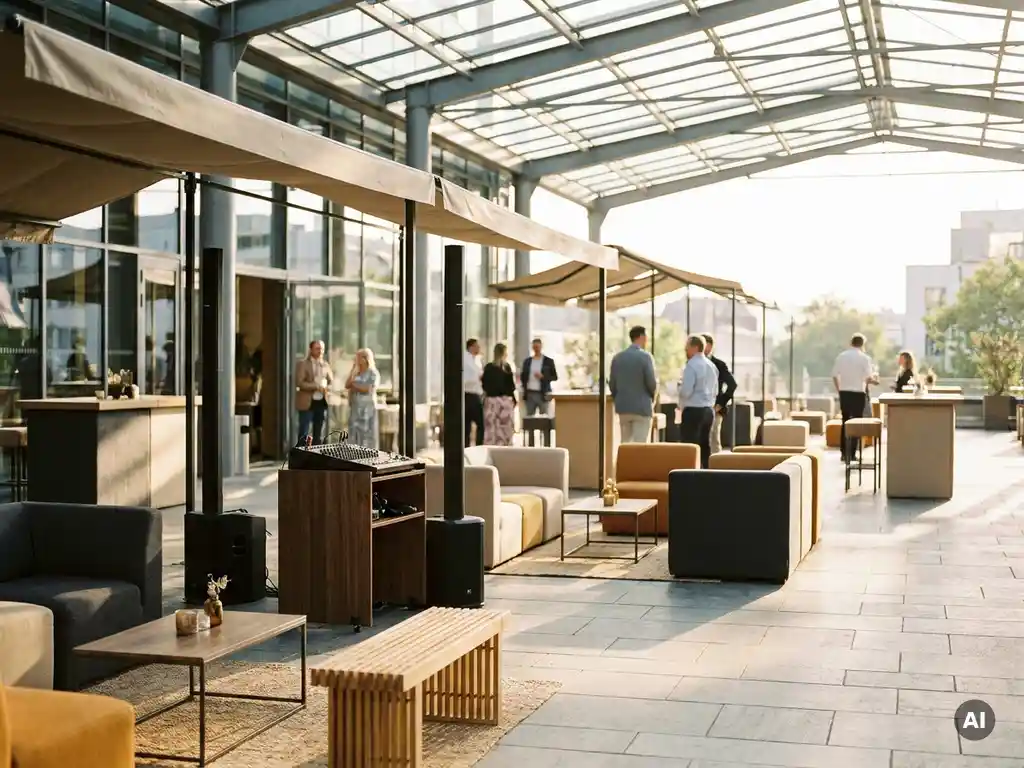 Outdoor-Kongressfoyer mit Lautsprechersäulen, Mischpult und modularen Möbeln unter einem gläsernen Atriumeingang im Nachmittagslicht.