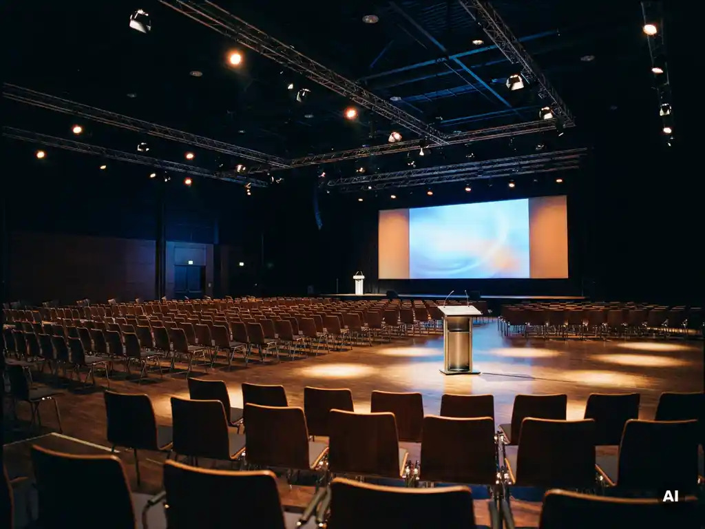 Leerer Kongresssaal mit geschwungenen Stuhlreihen, beleuchtetem Rednerpult und großer Projektionsleinwand in Navy-Blau und Bernsteinlicht.