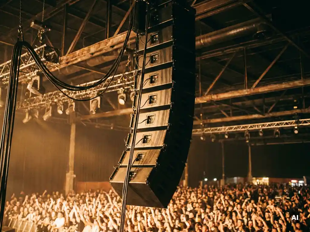 Hängendes Line-Array-Lautsprecher-System über vollbesetztem Konzertpublikum, goldenes Bühnenlicht, Stahltraverse und Rigging sichtbar.