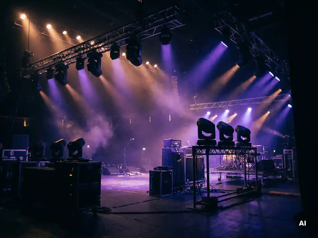 Leere Konzertbühne mit violetten und goldenen Scheinwerfern, Lichtstrahlen durch Bühnennebel, Moving-Head-Fixtures an Traverse montiert.