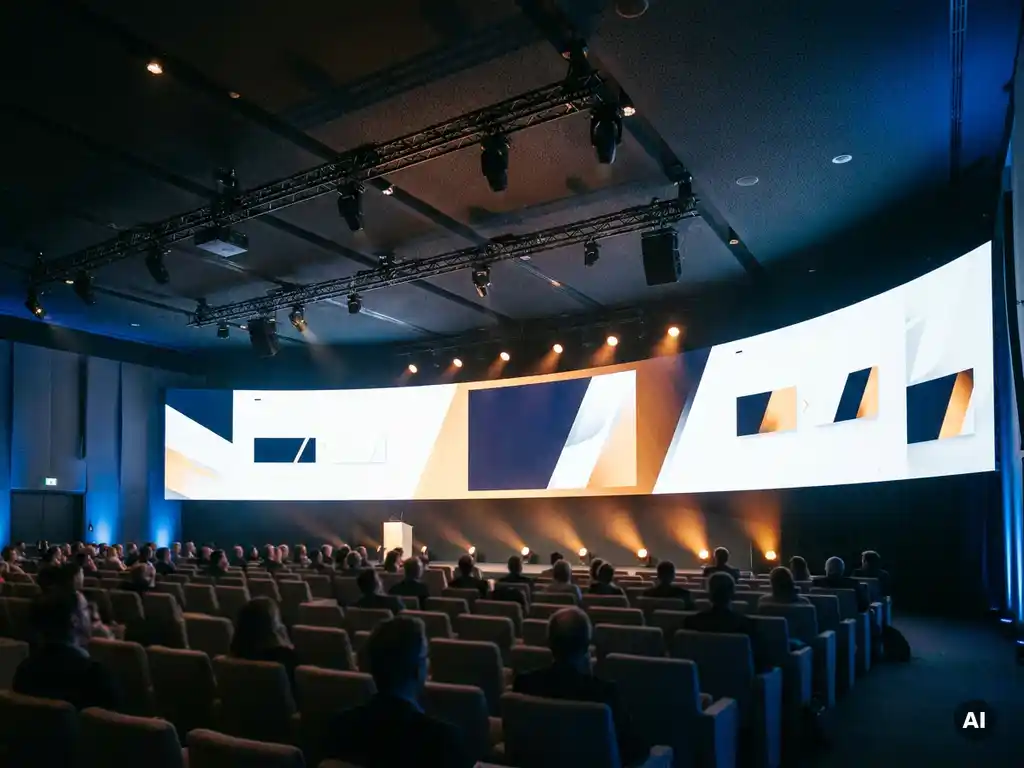 Großflächige LED-Videowand mit Präsentationsfolien in modernem Konferenzsaal, Publikumsreihen und Bühnenbeleuchtung in Blau- und Bernsteintönen.