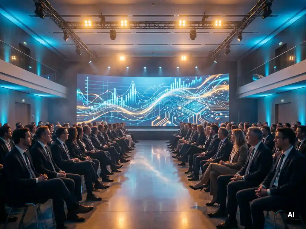Geschwungene LED-Wand mit Unternehmenspräsentation in modernem Konferenzsaal, Publikum in Businesskleidung vor warmem Amber- und Blaulicht.