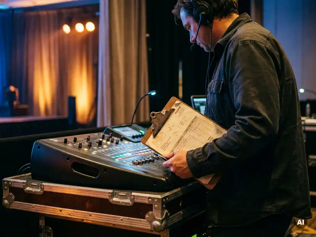 Veranstaltungstechniker vergleicht Mietrechnung mit eigenem Mischpult im Flightcase backstage bei einer Unternehmenskonferenz.