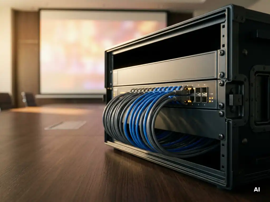 Ethernet-Kabel in einem managed Network-Switch, montiert in einem Flightcase auf Konferenzraumboden, Projektionsleinwand im Hintergrund.