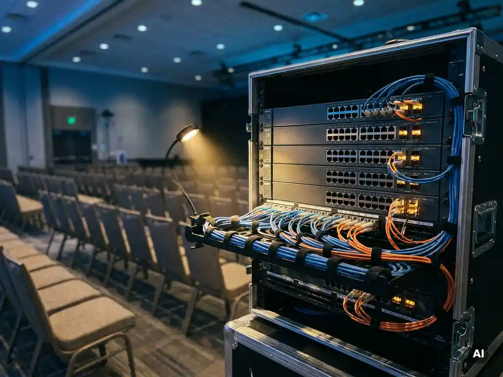 Professionelle Netzwerk-Switches mit Glasfaserkabeln in einem mobilen Rack-Gehäuse, aufgestellt in einem leeren Konferenzsaal mit Stuhlreihen im Hintergrund.