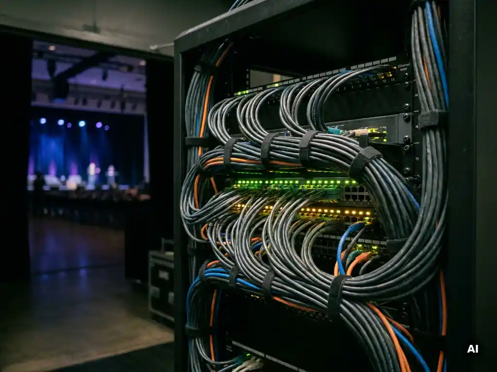 Ethernet-Kabel in einem Patch-Panel-Rack mit grünen und gelben LED-Anzeigen, installiert in einem abgedunkelten Konferenzsaal.