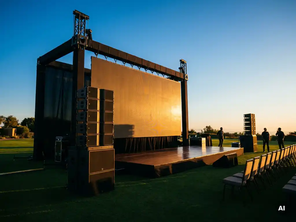 Outdoor-Firmenveranstaltung bei goldener Stunde mit leuchtendem LED-Screen, Lautsprecherarrays und Bühne auf grüner Rasenfläche.
