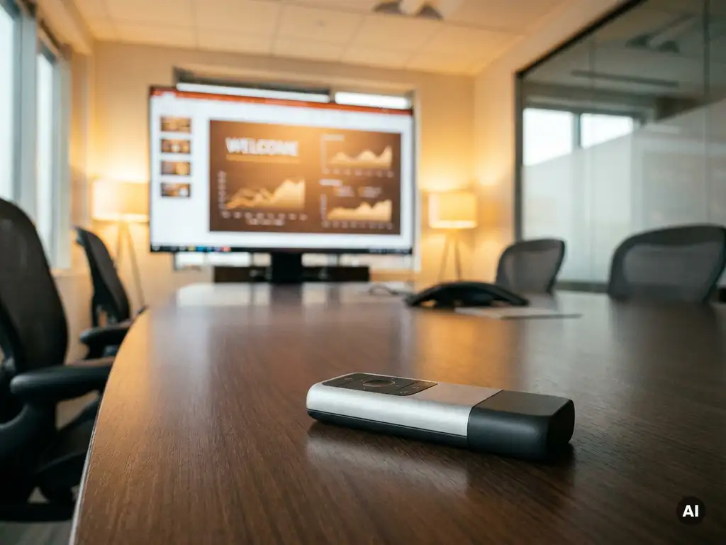 Kabelloser Präsentations-Transmitter auf poliertem Konferenztisch, professioneller Display mit Folie im Hintergrund, modernes Meetingroom-Ambiente.
