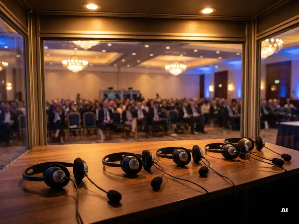 Dolmetscherkabine mit professionellen Headsets auf poliertem Konferenztisch, Kongresssaal mit Delegierten im Hintergrund.