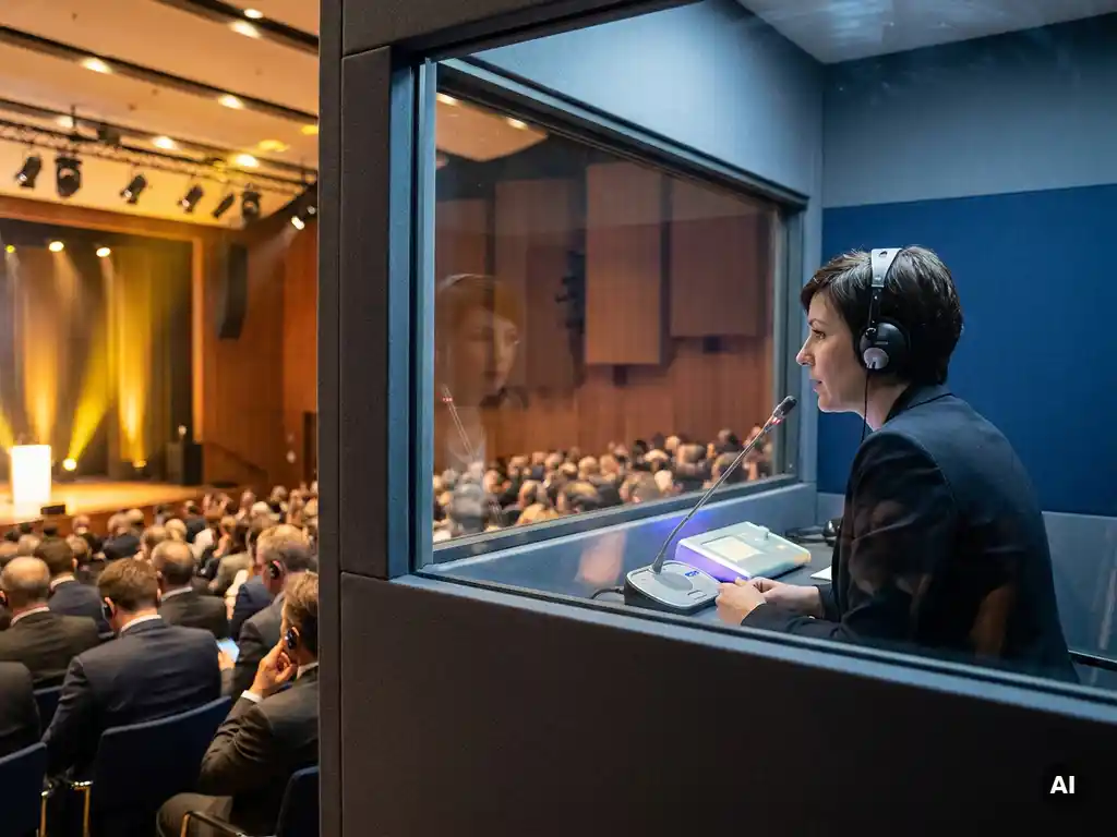 Dolmetscherin in schalldichter Kabine mit Studiokopfhörern spricht ins Mikrofon, im Hintergrund ein großer Kongresssaal mit Delegierten.