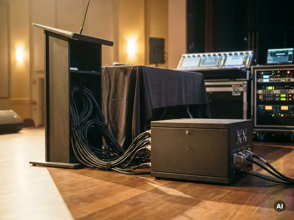 Professionelle Stromverteilungseinheit mit schweren Kabeln hinter einer Konferenzbühne, Mischpulte und Audio-Racks im Hintergrund, warmes Bühnenlicht.