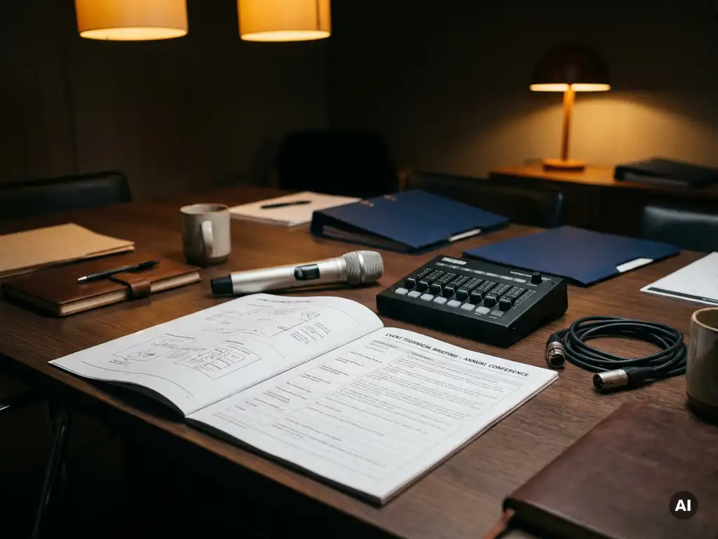 Technisches Briefing-Dokument auf Konferenztisch mit Funkmikrofon, Lichtsteuerung und Audiokabel für Eventplanung.