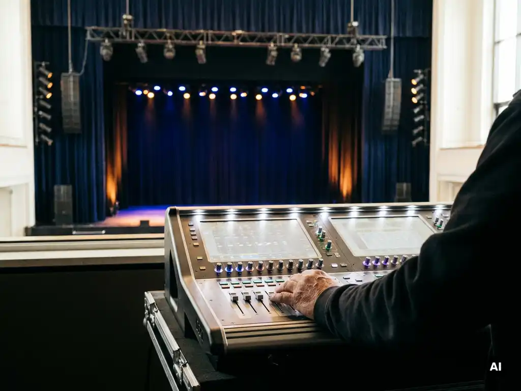 Techniker bedient beleuchtetes Mischpult in Konzerthalle mit dramatischer Bühnenbeleuchtung in Blau- und Bernsteintönen.