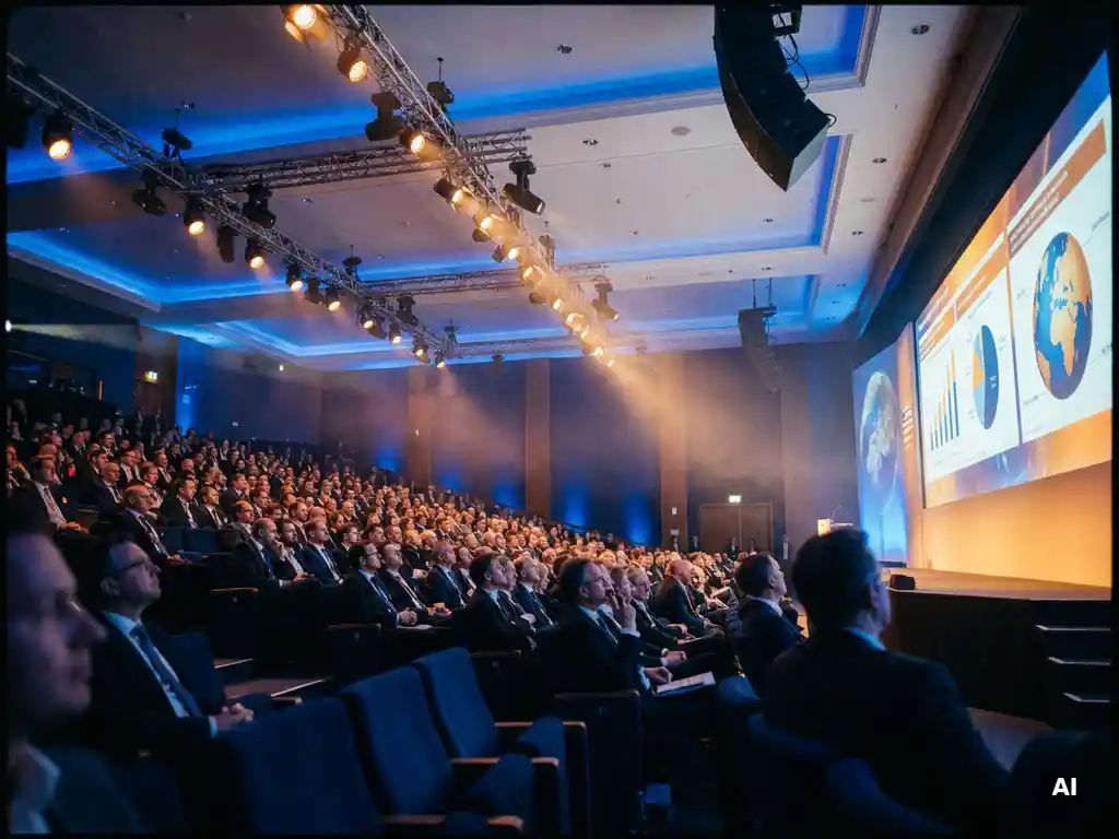 Weitläufiger Konferenzsaal von unten fotografiert, Publikum vor beleuchtetem Präsentationsscreen, Strahler in warmem Bernsteinlicht.