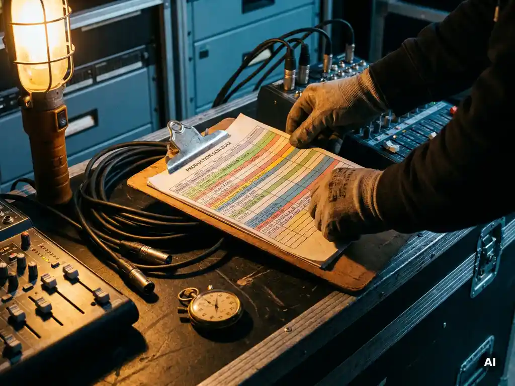 Techniker ordnet Veranstaltungsplan auf Klemmbrett, umgeben von Audiokabeln, Mischpult und analoger Stoppuhr auf schwarzem Equipment-Case.