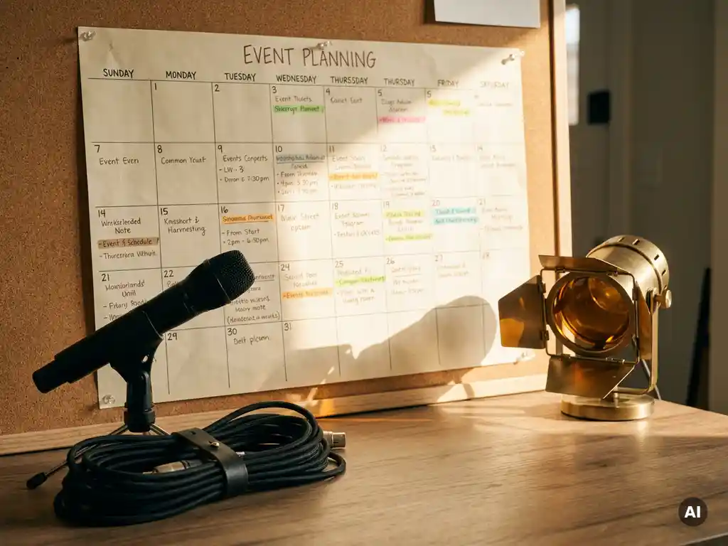 Veranstaltungsplanungskalender auf einem Schreibtisch, umgeben von Funkmikrofon, Audiokabeln und Bühnenscheinwerfer im warmen Nachmittagslicht.