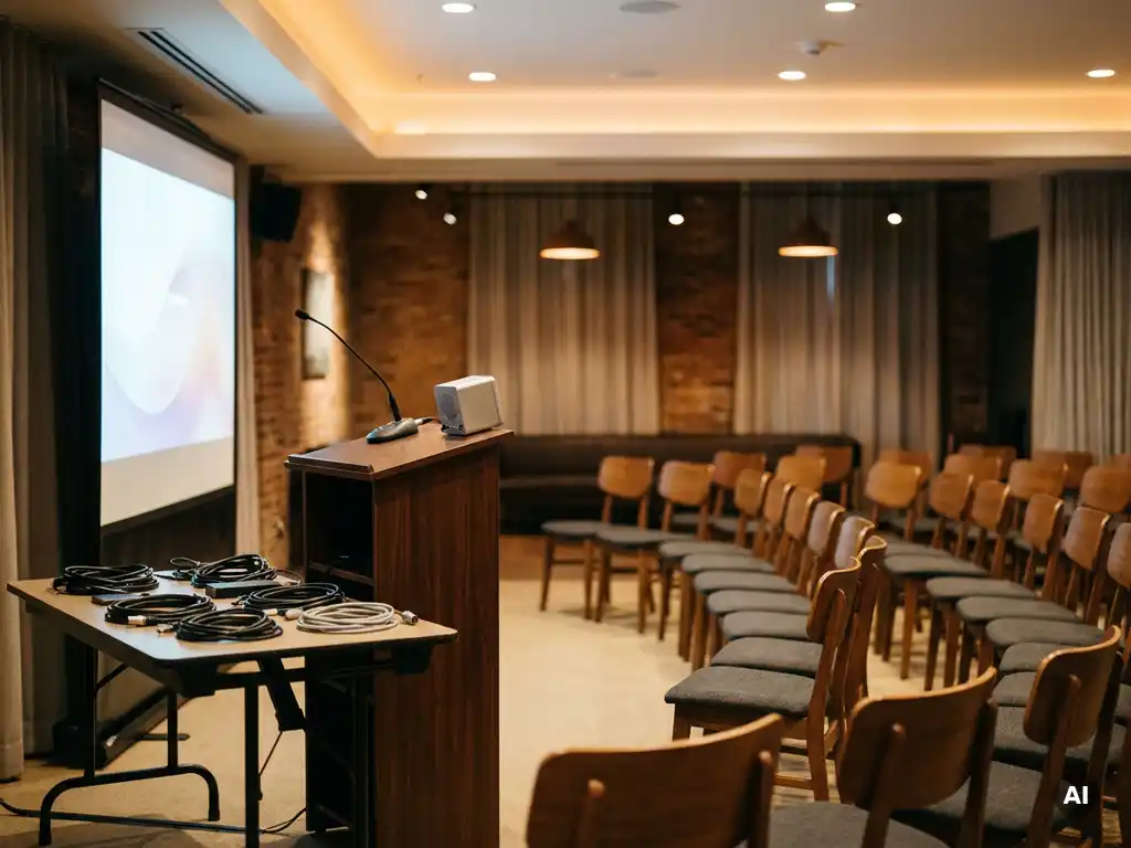 Kleiner Konferenzraum mit Rednerpult, Mikrofon und Lautsprecher vor leeren Stuhlreihen in warmem Umgebungslicht.